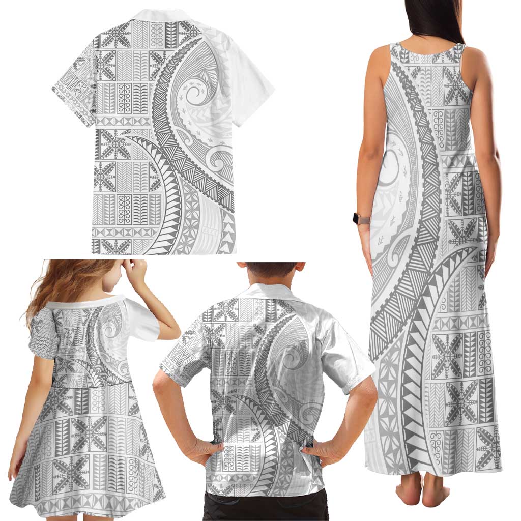 Niue White Sunday Family Matching Tank Maxi Dress and Hawaiian Shirt Niuean Lotu Tamaiti Hiapo Pattern LT9 - Polynesian Pride