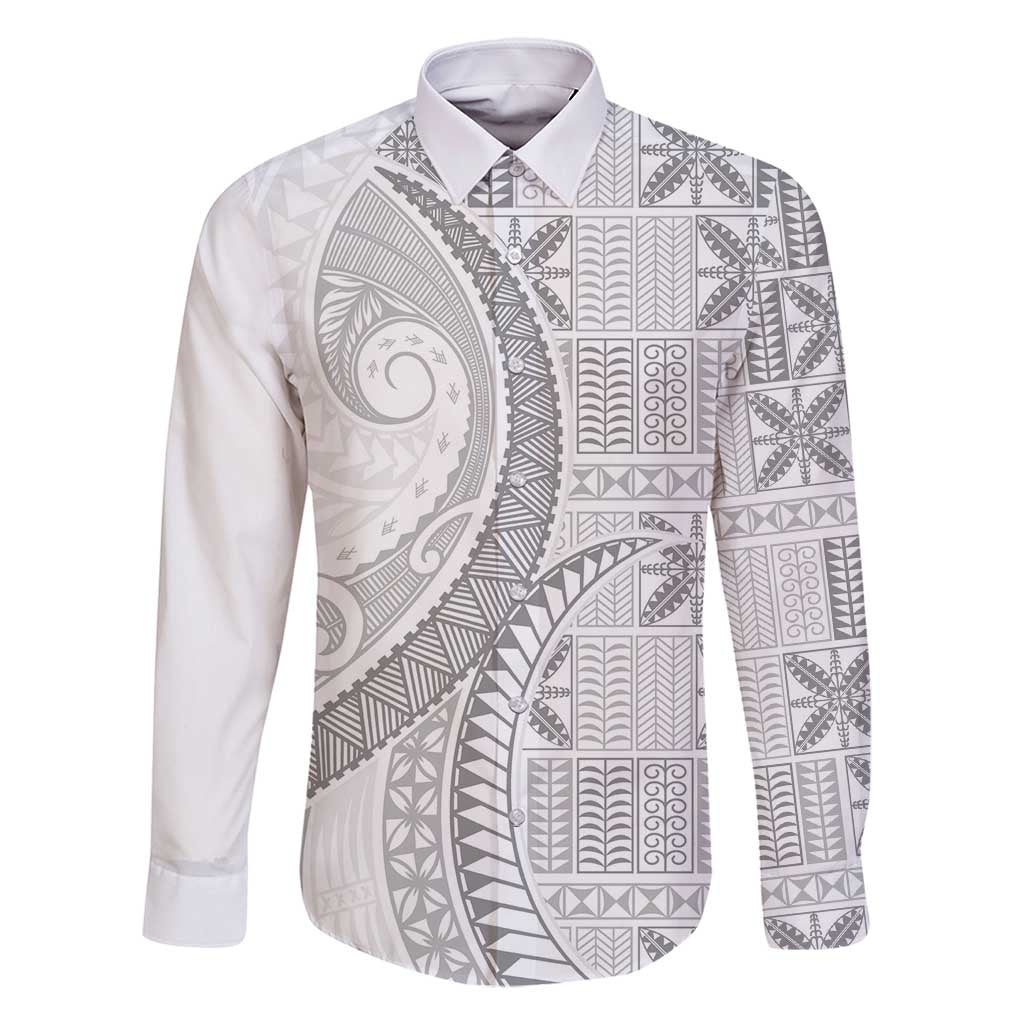 Niue White Sunday Family Matching Tank Maxi Dress and Hawaiian Shirt Niuean Lotu Tamaiti Hiapo Pattern LT9 Dad's Shirt - Long Sleeve White - Polynesian Pride