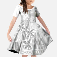 Niue White Sunday Kid Short Sleeve Dress Niuean Lotu Tamaiti Hiapo Pattern - Polynesian Pride