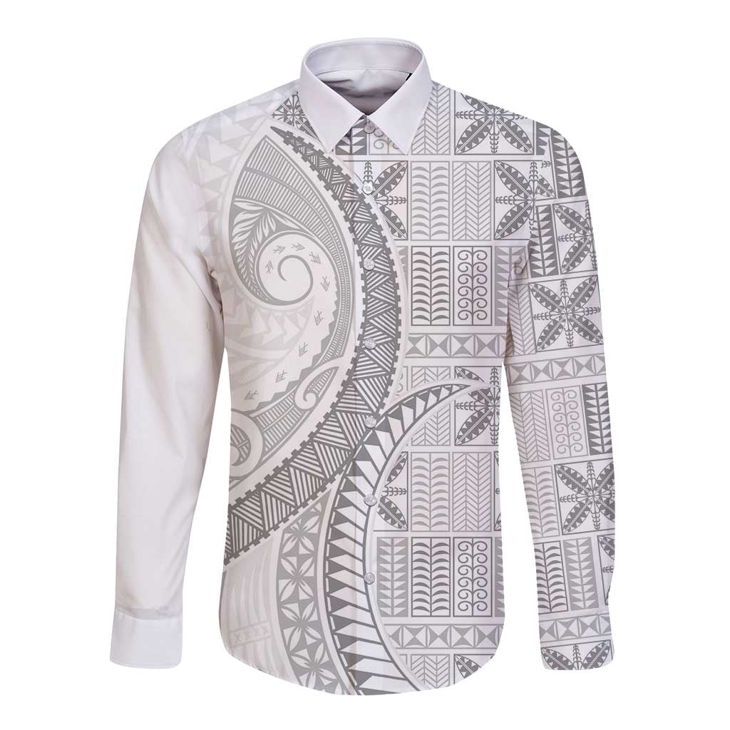 Niue White Sunday Long Sleeve Button Shirt Niuean Lotu Tamaiti Hiapo Pattern - Polynesian Pride