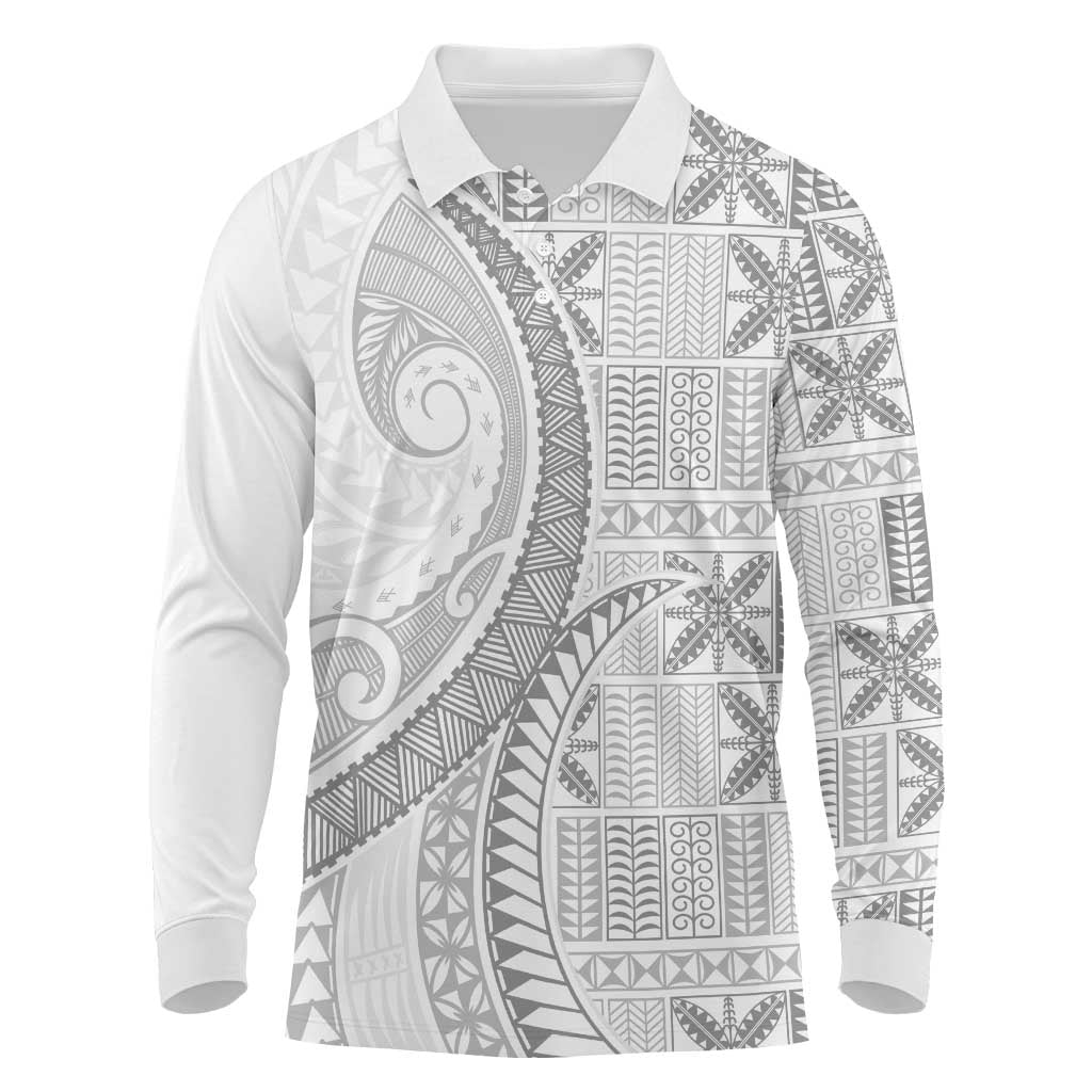 Niue White Sunday Long Sleeve Polo Shirt Niuean Lotu Tamaiti Hiapo Pattern - Polynesian Pride