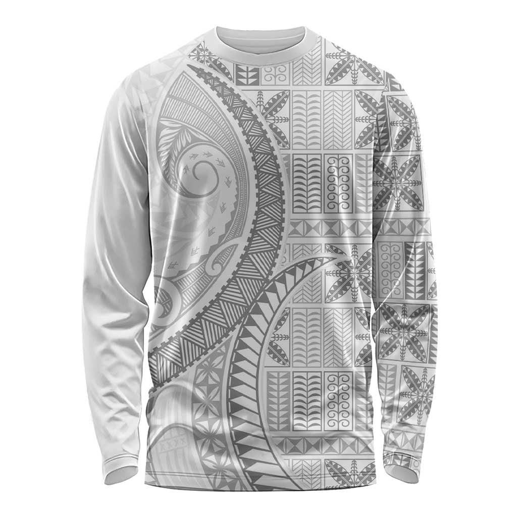 Niue White Sunday Long Sleeve Shirt Niuean Lotu Tamaiti Hiapo Pattern - Polynesian Pride