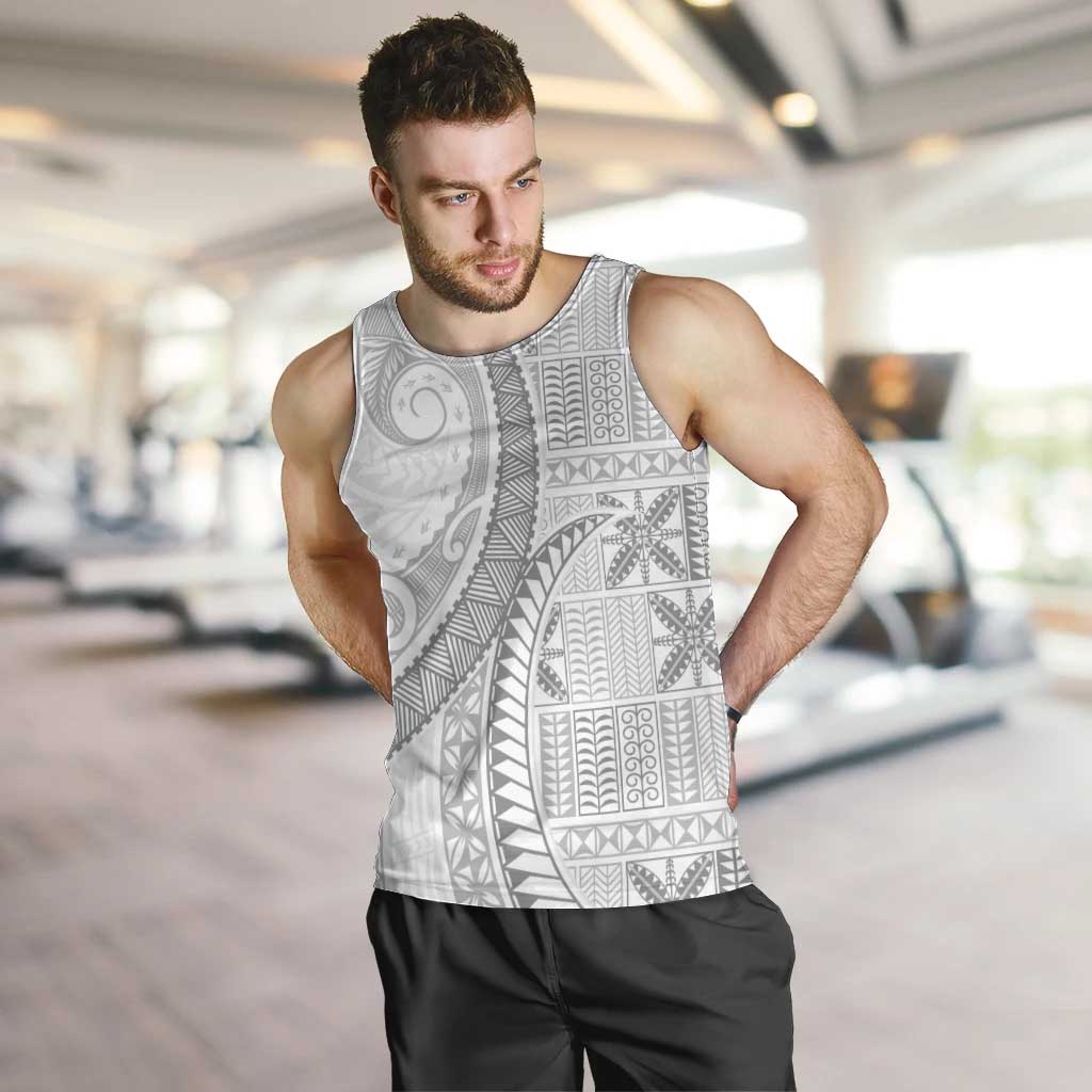 Niue White Sunday Men Tank Top Niuean Lotu Tamaiti Hiapo Pattern LT9 White - Polynesian Pride