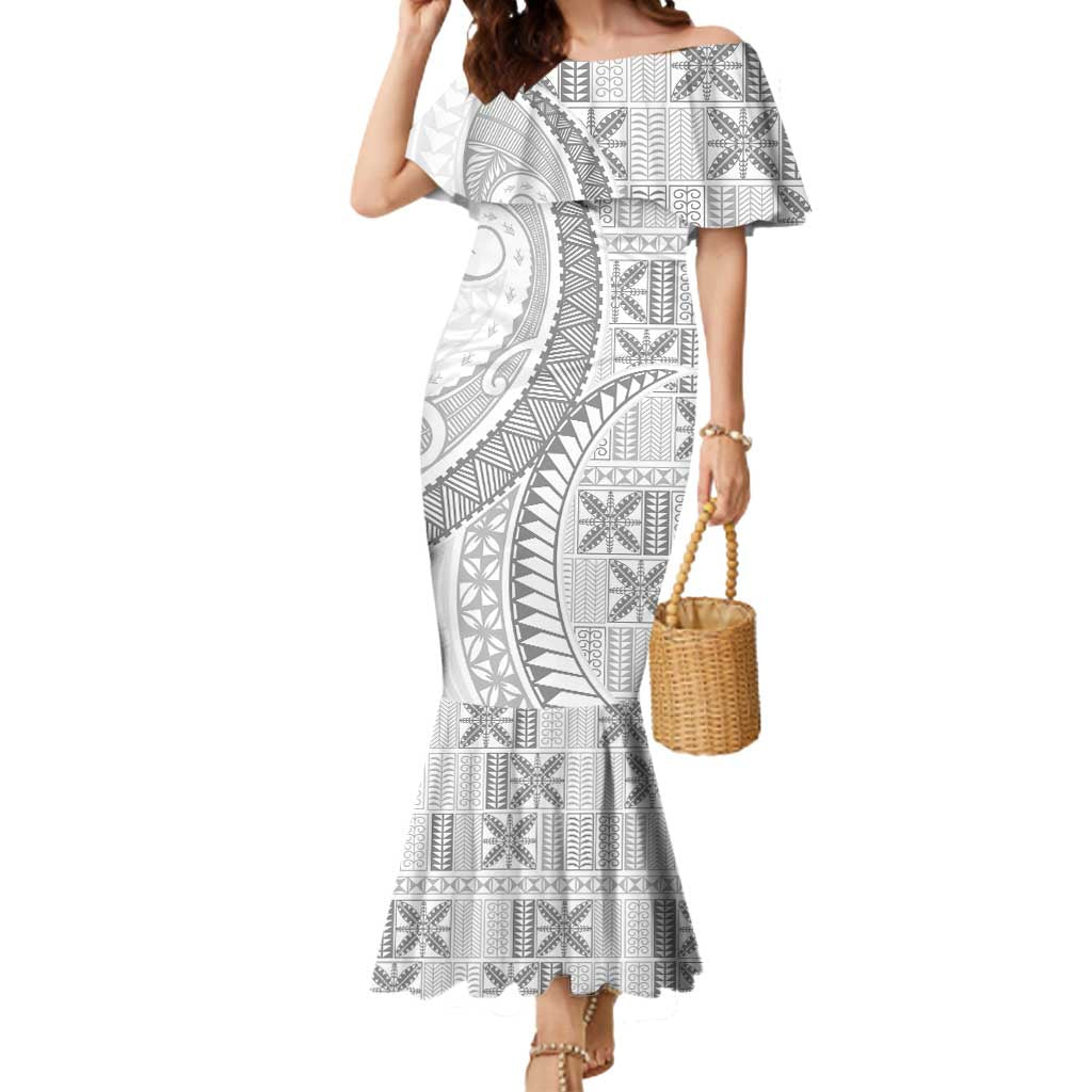 Niue White Sunday Mermaid Dress Niuean Lotu Tamaiti Hiapo Pattern LT9 Women White - Polynesian Pride