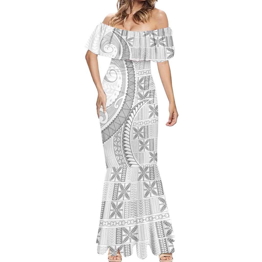 Niue White Sunday Mermaid Dress Niuean Lotu Tamaiti Hiapo Pattern LT9 - Polynesian Pride