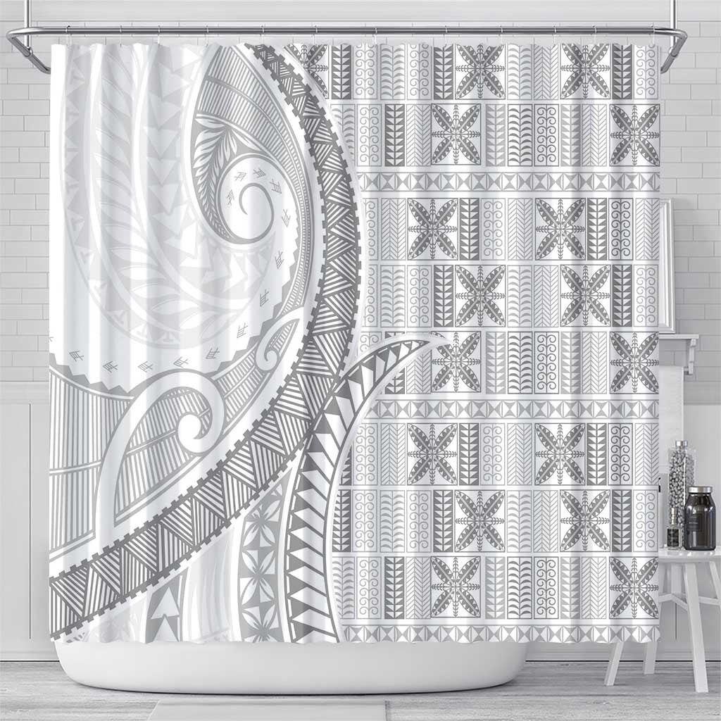 Niue White Sunday Shower Curtain Niuean Lotu Tamaiti Hiapo Pattern - Polynesian Pride
