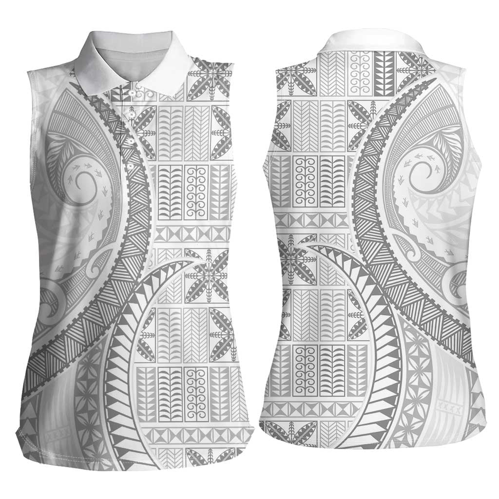 Niue White Sunday Women Sleeveless Polo Shirt Niuean Lotu Tamaiti Hiapo Pattern - Polynesian Pride