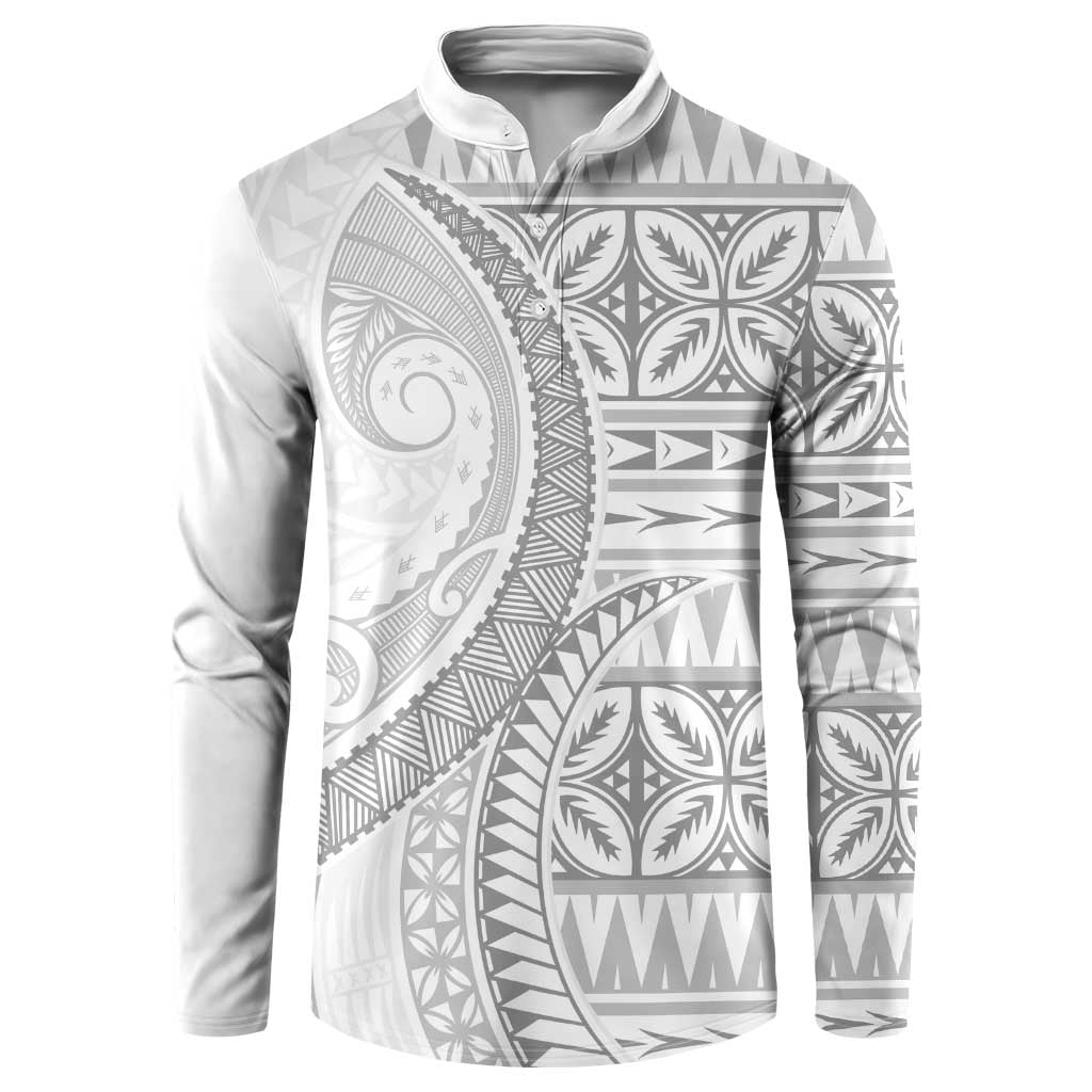 Polynesian White Sunday Button Sweatshirt Lotu Tamaiti Melanesian Pattern - Polynesian Pride