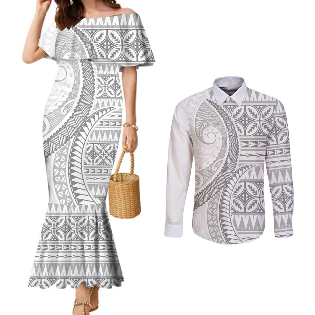 Polynesian White Sunday Couples Matching Mermaid Dress and Long Sleeve Button Shirt Lotu Tamaiti Melanesian Pattern - Polynesian Pride