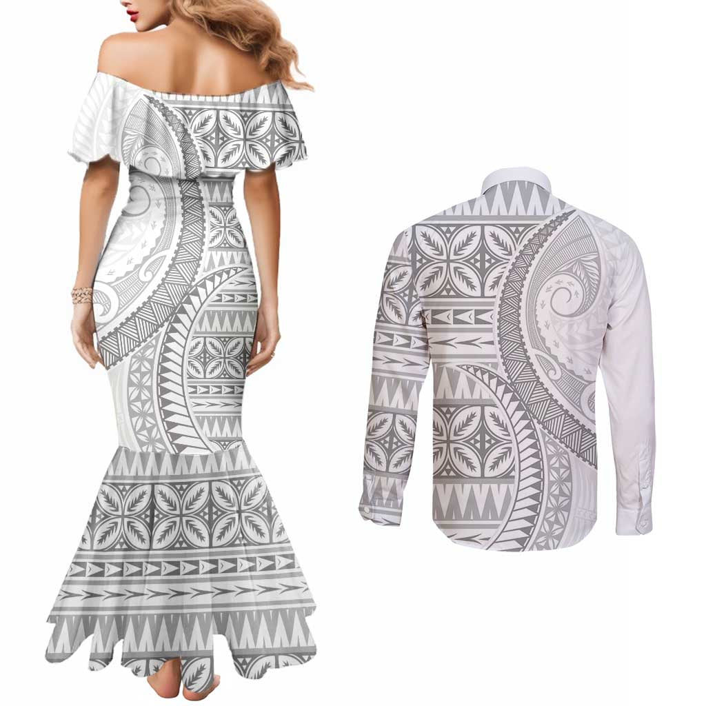 Polynesian White Sunday Couples Matching Mermaid Dress and Long Sleeve Button Shirt Lotu Tamaiti Melanesian Pattern - Polynesian Pride