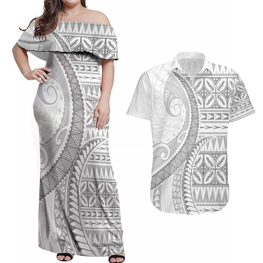 Polynesian White Sunday Couples Matching Off Shoulder Maxi Dress and Hawaiian Shirt Lotu Tamaiti Melanesian Pattern - Polynesian Pride