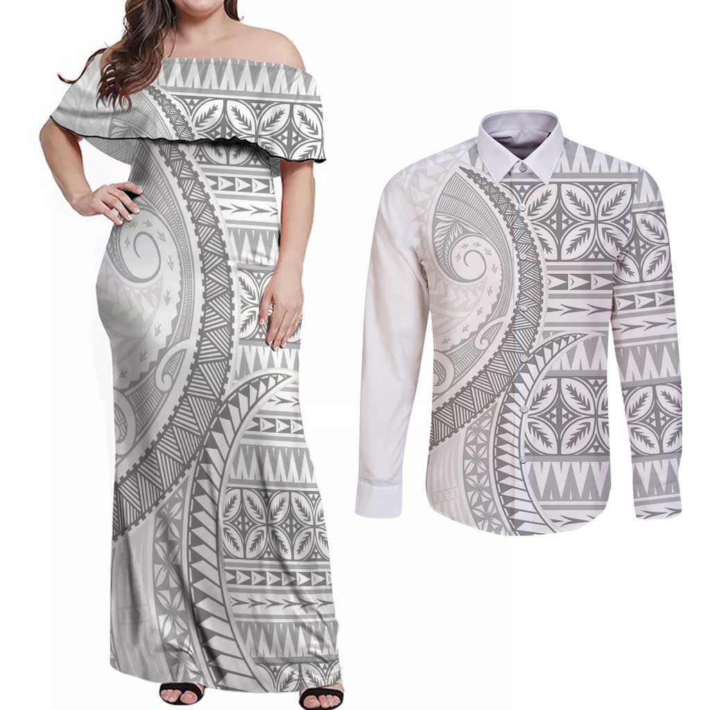 Polynesian White Sunday Couples Matching Off Shoulder Maxi Dress and Long Sleeve Button Shirt Lotu Tamaiti Melanesian Pattern - Polynesian Pride