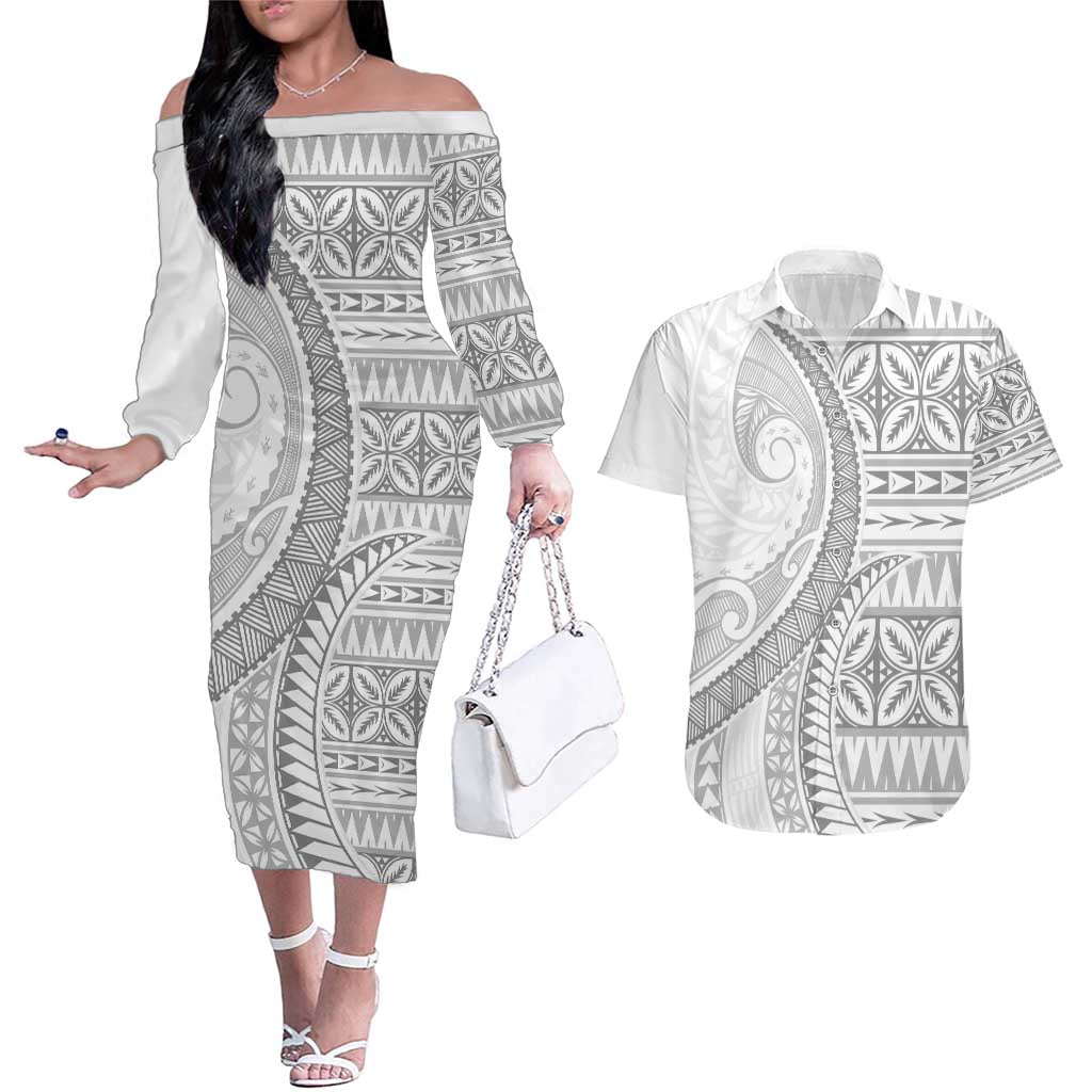Polynesian White Sunday Couples Matching Off The Shoulder Long Sleeve Dress and Hawaiian Shirt Lotu Tamaiti Melanesian Pattern - Polynesian Pride