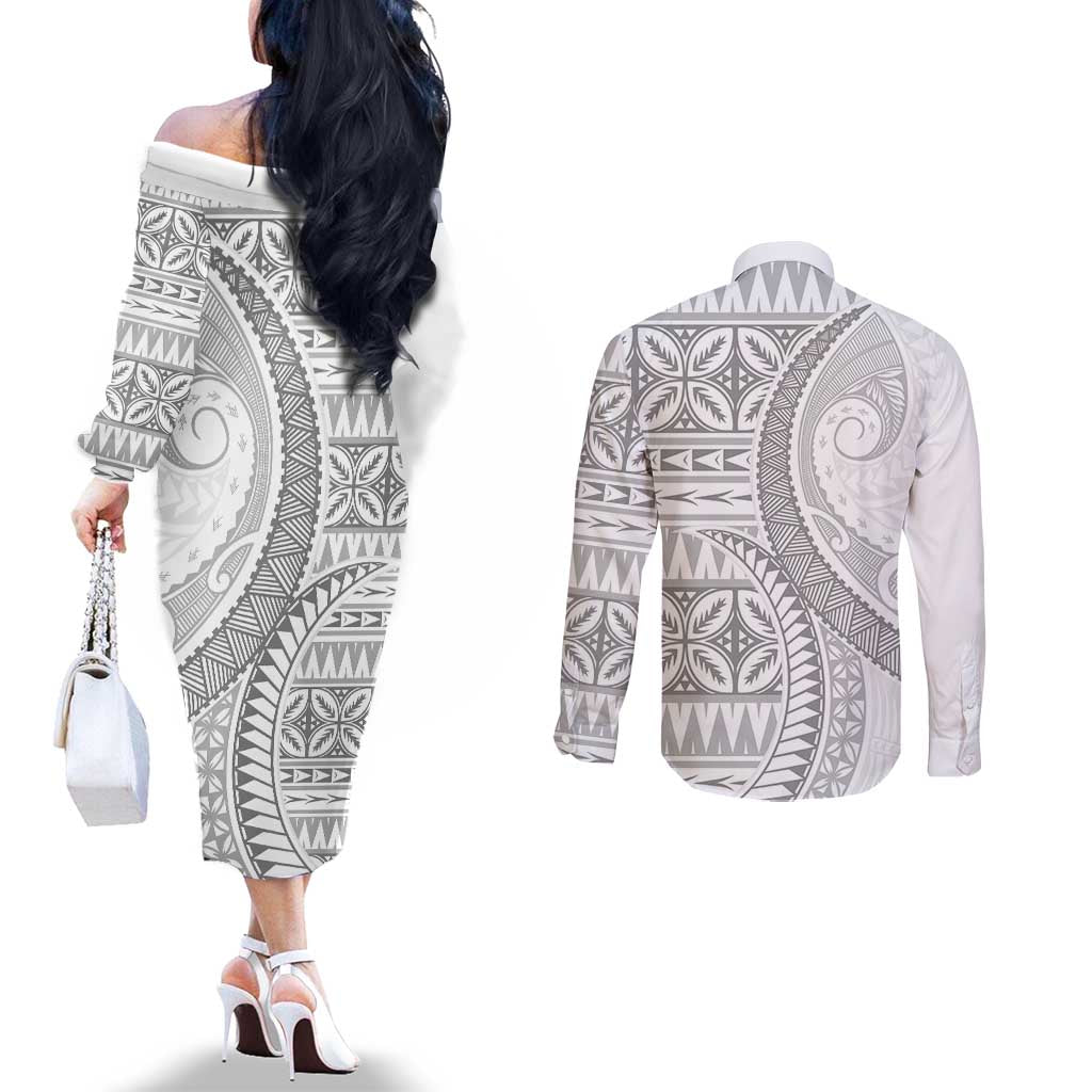 Polynesian White Sunday Couples Matching Off The Shoulder Long Sleeve Dress and Long Sleeve Button Shirt Lotu Tamaiti Melanesian Pattern - Polynesian Pride