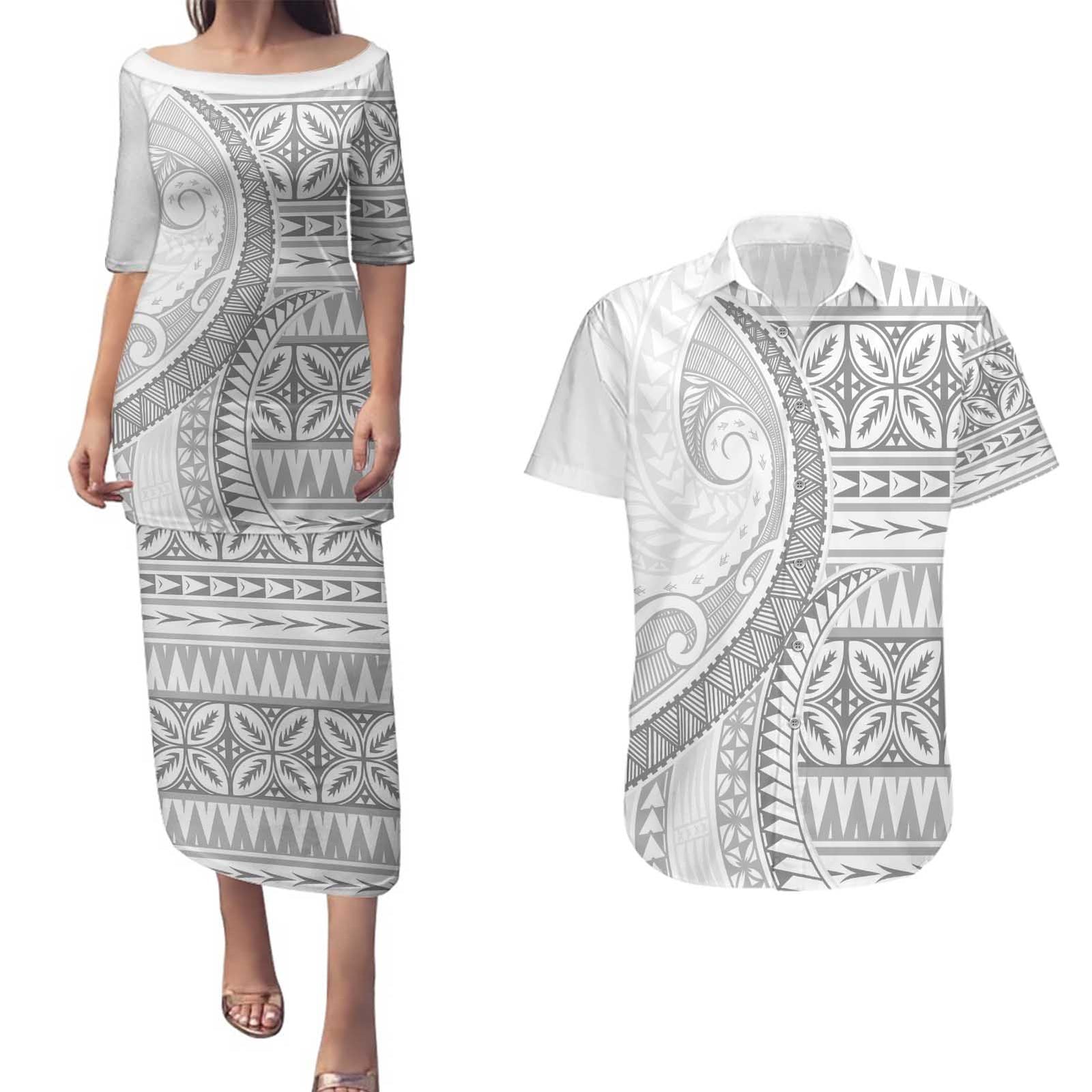 Polynesian White Sunday Couples Matching Puletasi and Hawaiian Shirt Lotu Tamaiti Melanesian Pattern - Polynesian Pride