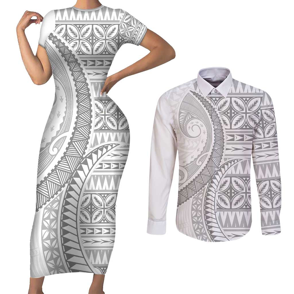 Polynesian White Sunday Couples Matching Short Sleeve Bodycon Dress and Long Sleeve Button Shirt Lotu Tamaiti Melanesian Pattern - Polynesian Pride