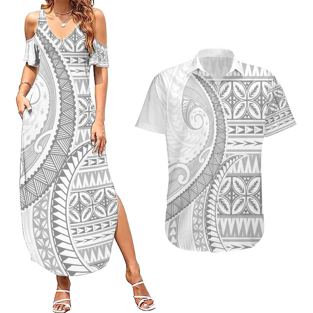 Polynesian White Sunday Couples Matching Summer Maxi Dress and Hawaiian Shirt Lotu Tamaiti Melanesian Pattern - Polynesian Pride