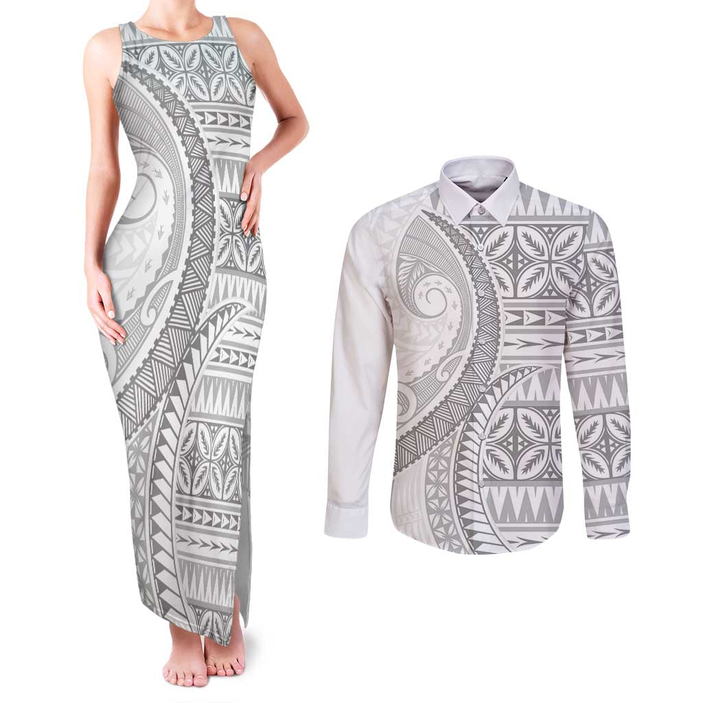 Polynesian White Sunday Couples Matching Tank Maxi Dress and Long Sleeve Button Shirt Lotu Tamaiti Melanesian Pattern - Polynesian Pride