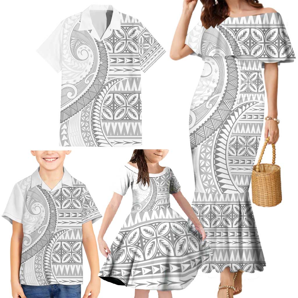 Polynesian White Sunday Family Matching Mermaid Dress and Hawaiian Shirt Lotu Tamaiti Melanesian Pattern - Polynesian Pride