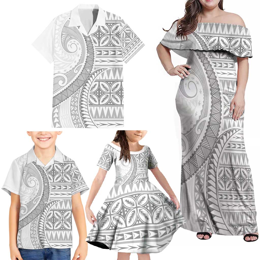 Polynesian White Sunday Family Matching Off Shoulder Maxi Dress and Hawaiian Shirt Lotu Tamaiti Melanesian Pattern - Polynesian Pride