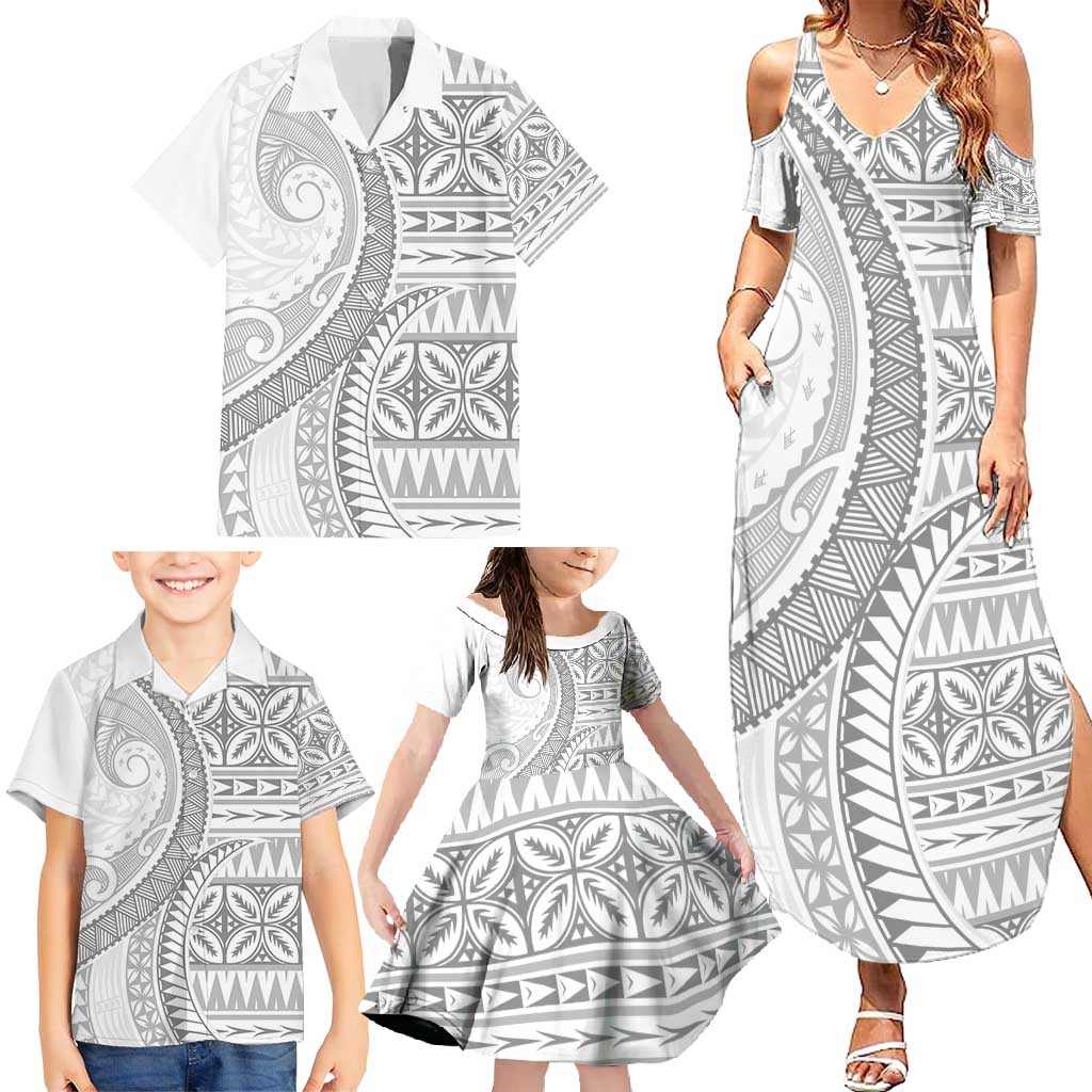 Polynesian White Sunday Family Matching Summer Maxi Dress and Hawaiian Shirt Lotu Tamaiti Melanesian Pattern - Polynesian Pride