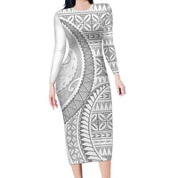 Polynesian White Sunday Long Sleeve Bodycon Dress Lotu Tamaiti Melanesian Pattern - Polynesian Pride