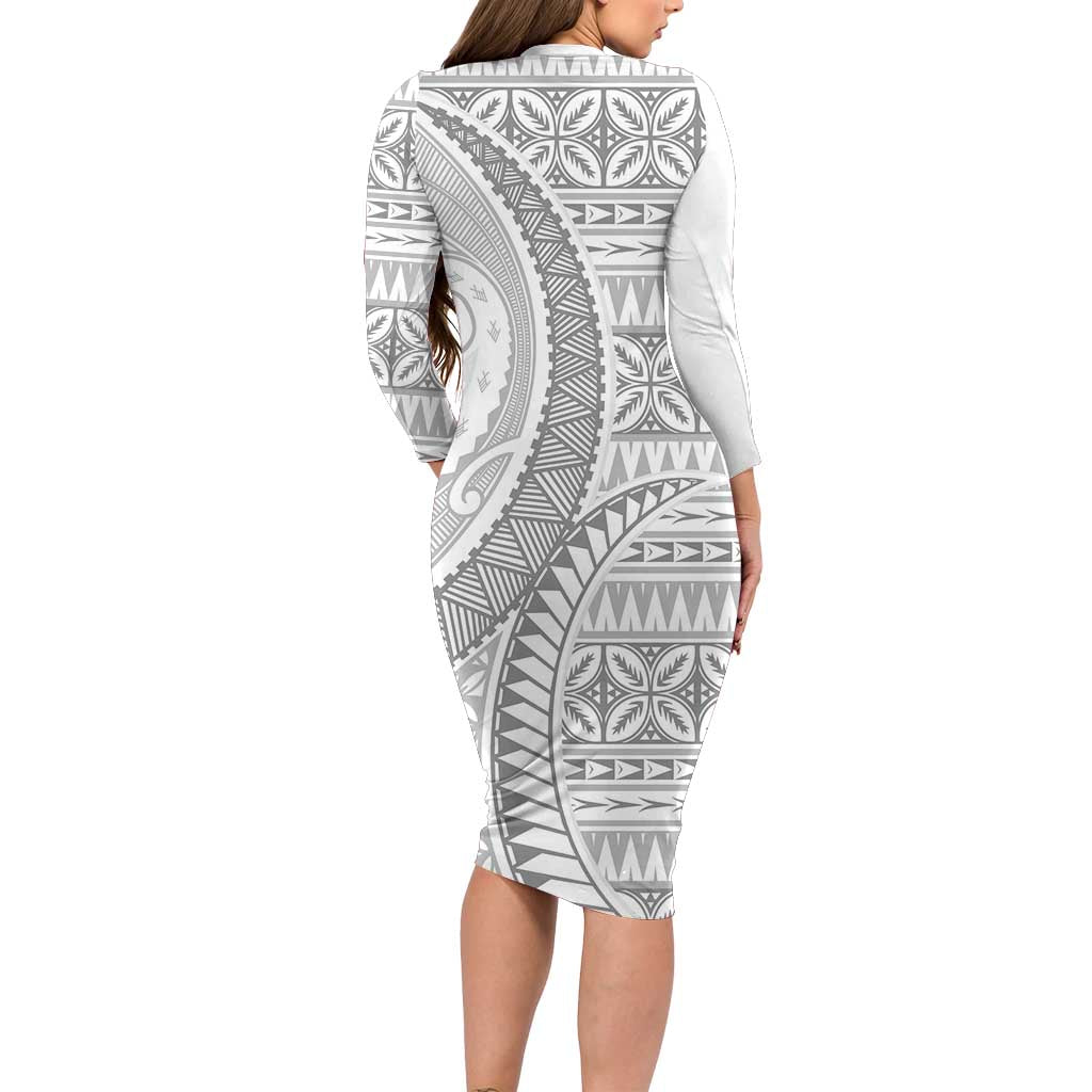 Polynesian White Sunday Long Sleeve Bodycon Dress Lotu Tamaiti Melanesian Pattern - Polynesian Pride