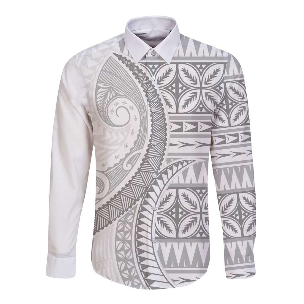 Polynesian White Sunday Long Sleeve Button Shirt Lotu Tamaiti Melanesian Pattern - Polynesian Pride