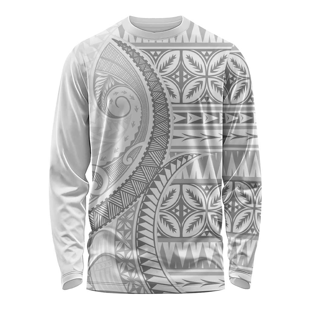 Polynesian White Sunday Long Sleeve Shirt Lotu Tamaiti Melanesian Pattern - Polynesian Pride