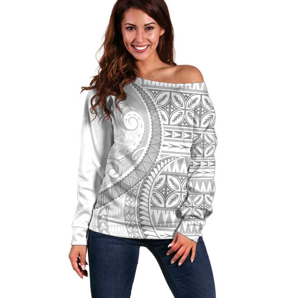 Polynesian White Sunday Off Shoulder Sweater Lotu Tamaiti Melanesian Pattern - Polynesian Pride