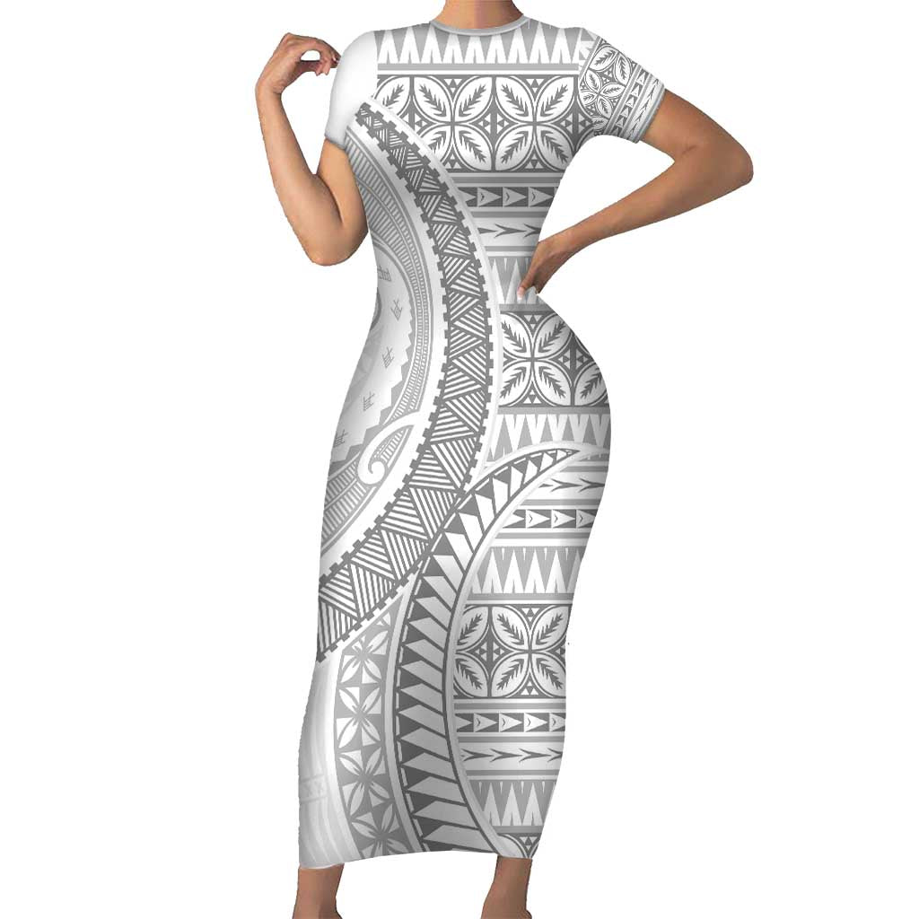 Polynesian White Sunday Short Sleeve Bodycon Dress Lotu Tamaiti Melanesian Pattern - Polynesian Pride