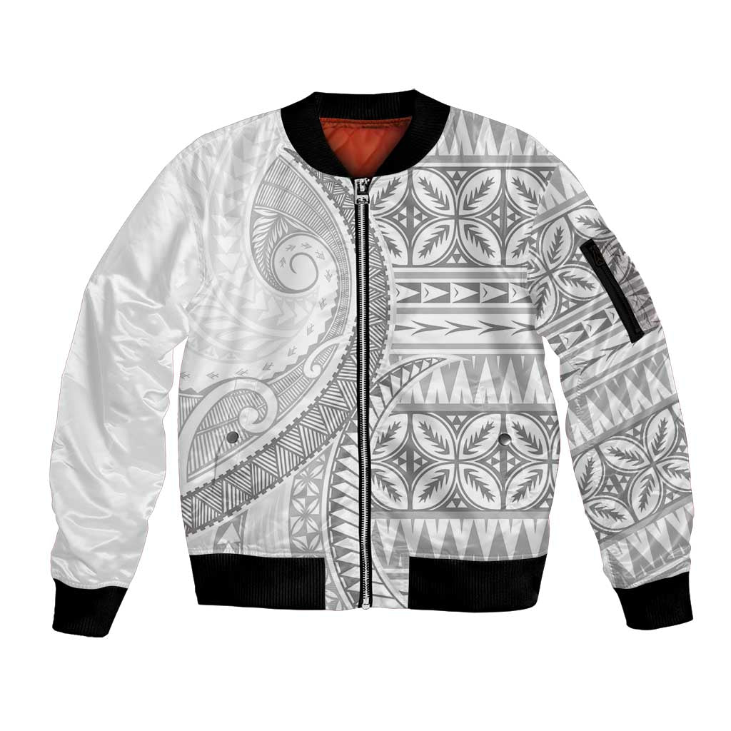 Polynesian White Sunday Sleeve Zip Bomber Jacket Lotu Tamaiti Melanesian Pattern - Polynesian Pride