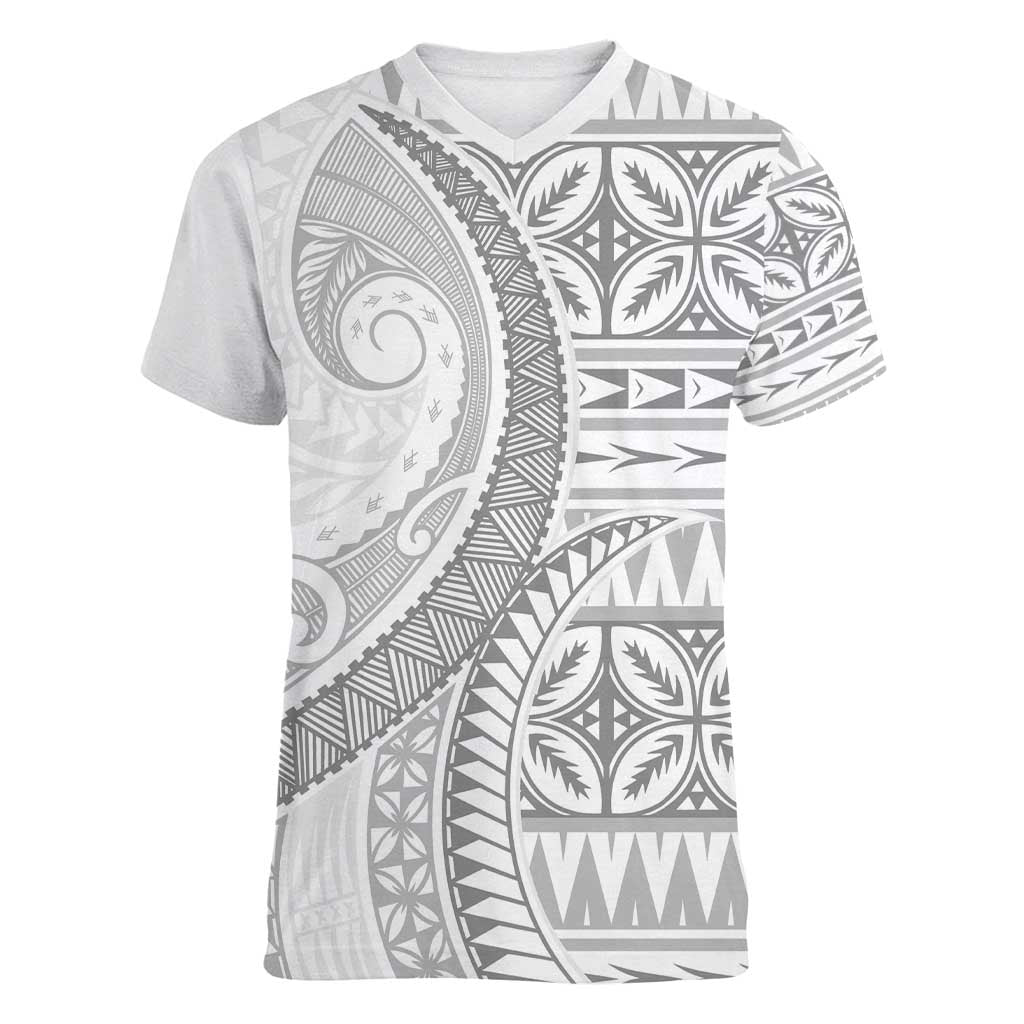 Polynesian White Sunday Women V-Neck T-Shirt Lotu Tamaiti Melanesian Pattern - Polynesian Pride