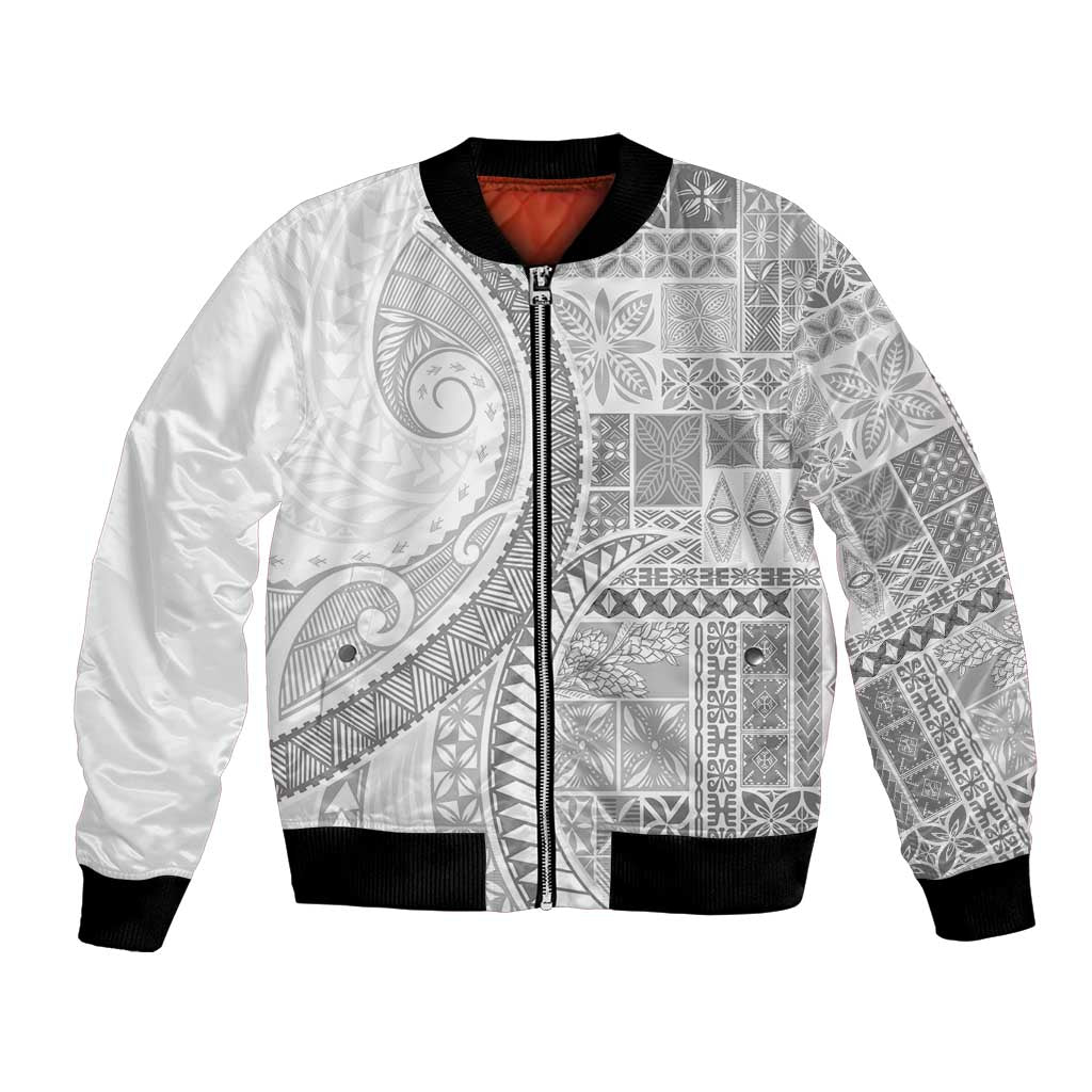 Samoa Siapo White Sunday Bomber Jacket Lotu Tamaiti Polynesian White Pattern - Polynesian Pride