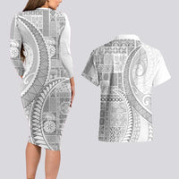 Samoa Siapo White Sunday Couples Matching Long Sleeve Bodycon Dress and Hawaiian Shirt Lotu Tamaiti Polynesian White Pattern - Polynesian Pride
