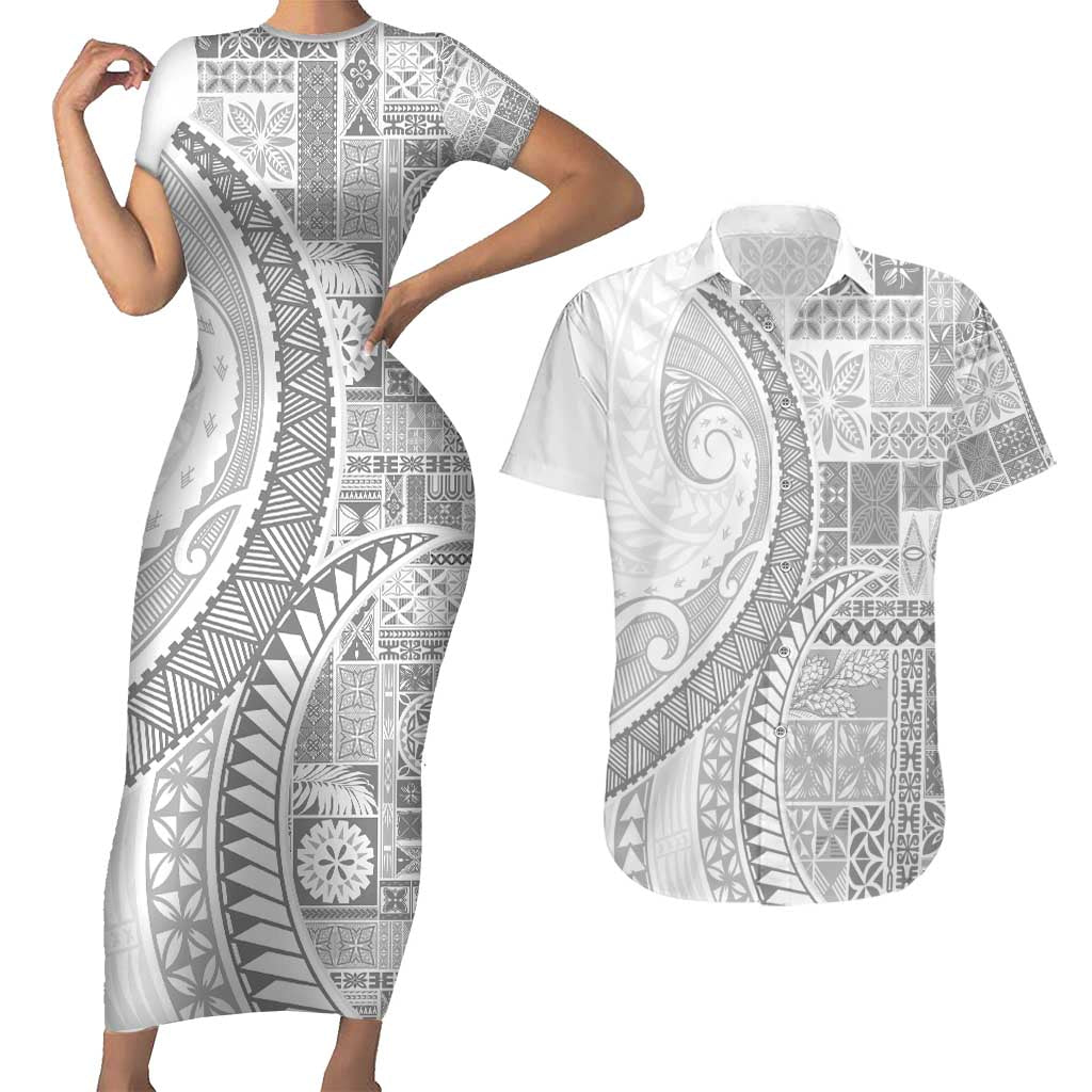 Samoa Siapo White Sunday Couples Matching Short Sleeve Bodycon Dress and Hawaiian Shirt Lotu Tamaiti Polynesian White Pattern - Polynesian Pride