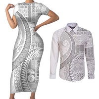 Samoa Siapo White Sunday Couples Matching Short Sleeve Bodycon Dress and Long Sleeve Button Shirt Lotu Tamaiti Polynesian White Pattern - Polynesian Pride