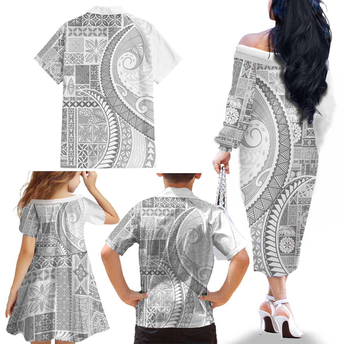Samoa Siapo White Sunday Family Matching Off The Shoulder Long Sleeve Dress and Hawaiian Shirt Lotu Tamaiti Polynesian White Pattern - Polynesian Pride