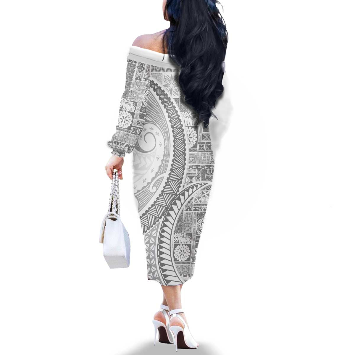 Samoa Siapo White Sunday Family Matching Off The Shoulder Long Sleeve Dress and Hawaiian Shirt Lotu Tamaiti Polynesian White Pattern - Polynesian Pride