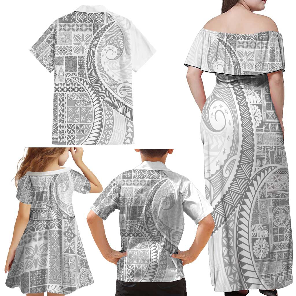 Samoa Siapo White Sunday Family Matching Off Shoulder Maxi Dress and Hawaiian Shirt Lotu Tamaiti Polynesian White Pattern - Polynesian Pride