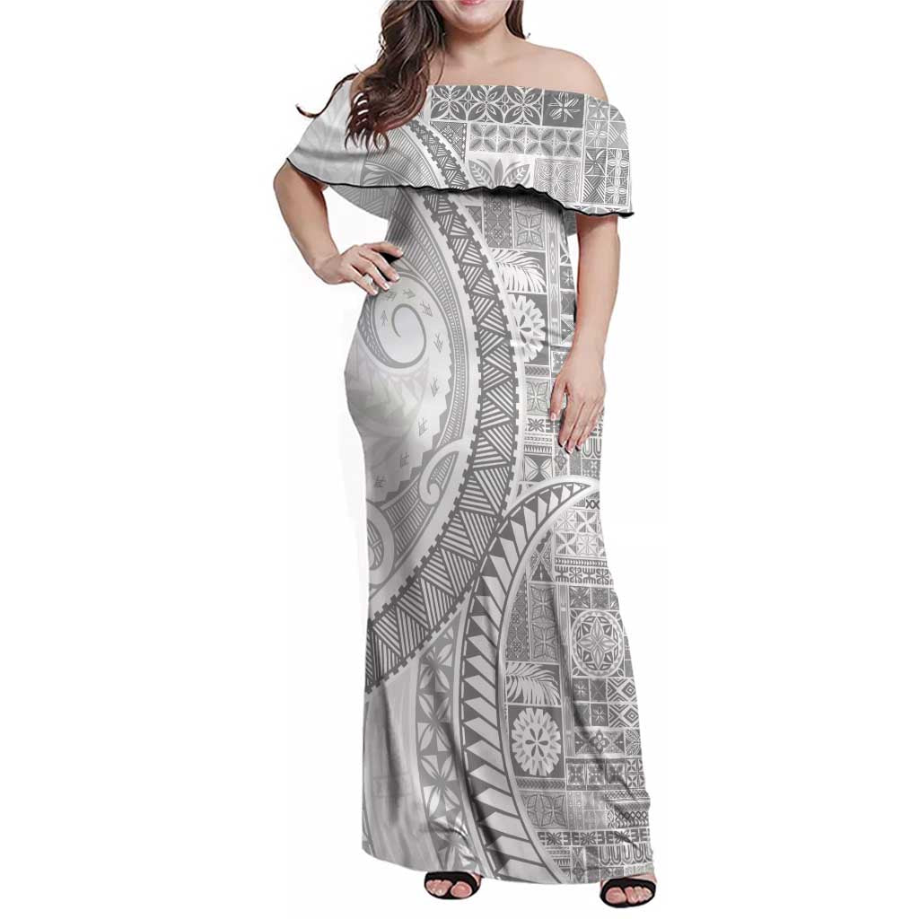 Samoa Siapo White Sunday Family Matching Off Shoulder Maxi Dress and Hawaiian Shirt Lotu Tamaiti Polynesian White Pattern - Polynesian Pride