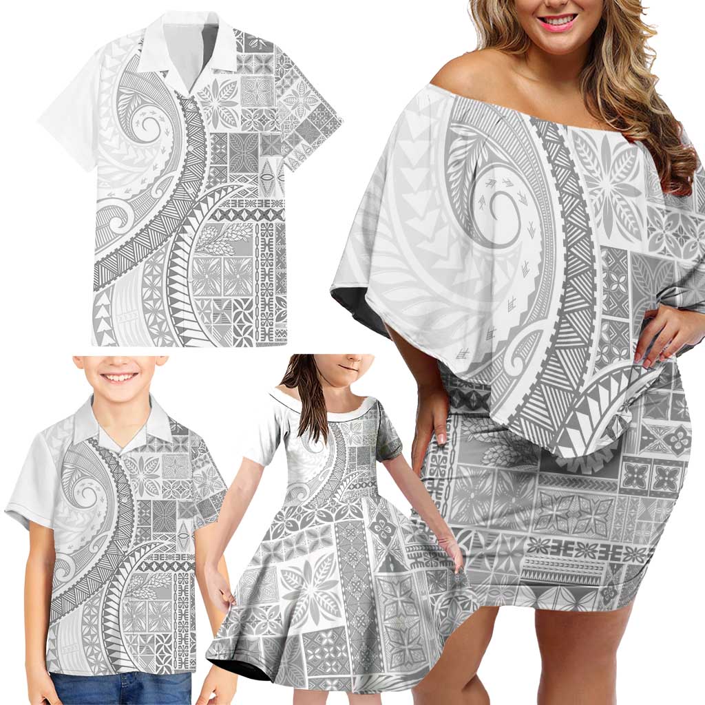 Samoa Siapo White Sunday Family Matching Off Shoulder Short Dress and Hawaiian Shirt Lotu Tamaiti Polynesian White Pattern - Polynesian Pride