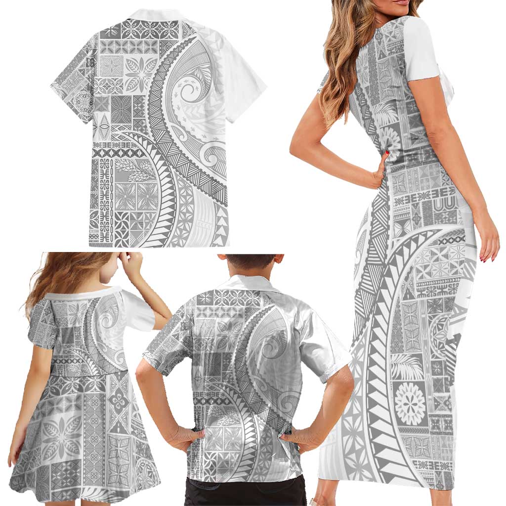 Samoa Siapo White Sunday Family Matching Short Sleeve Bodycon Dress and Hawaiian Shirt Lotu Tamaiti Polynesian White Pattern - Polynesian Pride