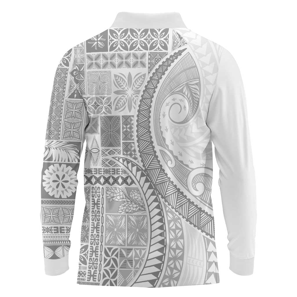 Samoa Siapo White Sunday Long Sleeve Polo Shirt Lotu Tamaiti Polynesian White Pattern - Polynesian Pride
