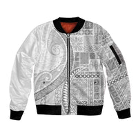Samoa Siapo White Sunday Sleeve Zip Bomber Jacket Lotu Tamaiti Polynesian White Pattern - Polynesian Pride