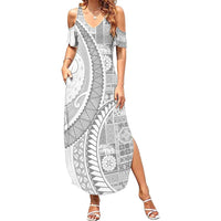 Samoa Siapo White Sunday Summer Maxi Dress Lotu Tamaiti Polynesian White Pattern - Polynesian Pride