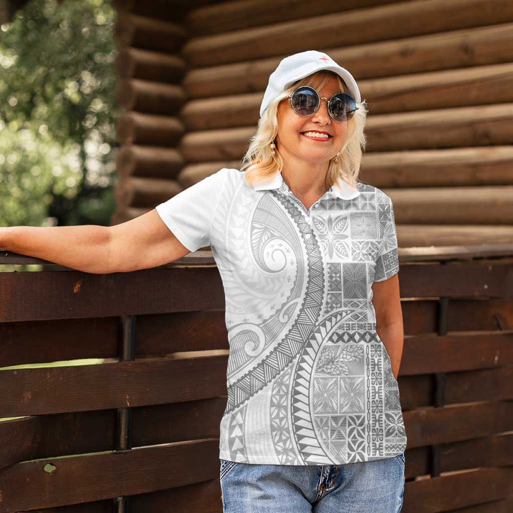 Samoa Siapo White Sunday Women Polo Shirt Lotu Tamaiti Polynesian White Pattern - Polynesian Pride