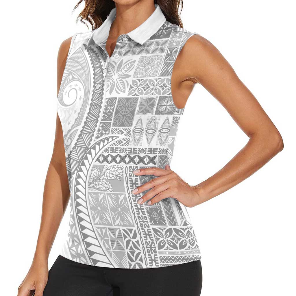 Samoa Siapo White Sunday Women Sleeveless Polo Shirt Lotu Tamaiti Polynesian White Pattern - Polynesian Pride