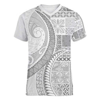 Samoa Siapo White Sunday Women V-Neck T-Shirt Lotu Tamaiti Polynesian White Pattern - Polynesian Pride