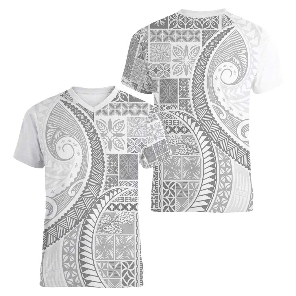 Samoa Siapo White Sunday Women V-Neck T-Shirt Lotu Tamaiti Polynesian White Pattern - Polynesian Pride